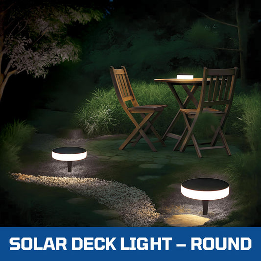 Solar Deck Light Round | Waterproof Solar Lights for Garden, Deck & Pathway | Outdoor Solar LED Deck Lamp with 360° Illumination | Dual Color Warm & Cool White